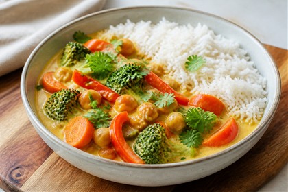 Mildes Kokos-Gemüsecurry mit Brokkoli, Paprika, Möhren, Kichererbsen und Reis