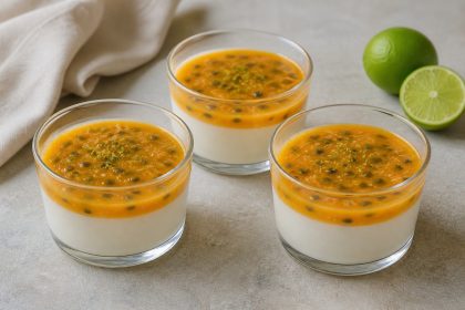 Cremiger Kokos-Pudding im Glas mit orangefarbener Curuba-Sauce