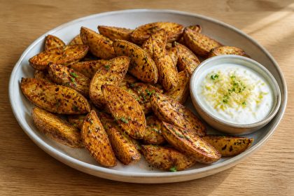Geröstete Kräuter-Gewürz-Kartoffeln mit Zitronen-Joghurt-Dip