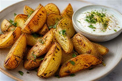 Goldbraune Kümmel-Ofenkartoffeln mit Joghurt-Cumin-Dip