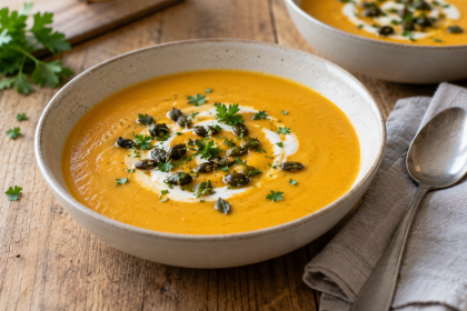 Kürbis-Kartoffel-Suppe mit Sahneswirbel, gerösteten Kürbiskernen und Petersilie in einer Keramikschale.
