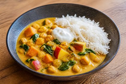 Mildes Kürbis-Kichererbsen-Curry mit Apfel, Spinat und Reis