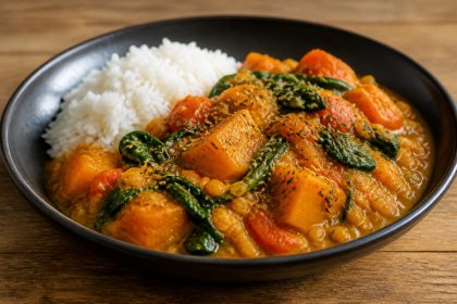 Kürbis-Linsen-Curry mit Spinat und Bockshornklee