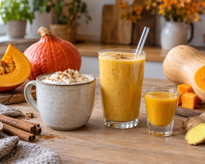 Drei selbstgemachte Kürbisgetränke mit Hokkaido und Butternut