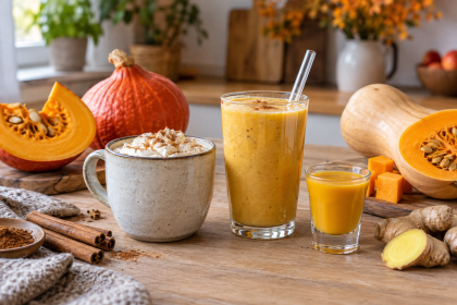 Drei selbstgemachte Kürbisgetränke mit Hokkaido und Butternut