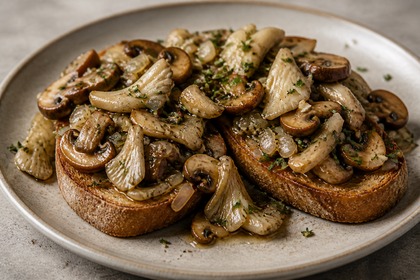 Geröstetes Bauernbrot mit gebratenen Champignons, Austernpilzen und Shiitake