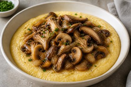 Ragout aus Champignons, Austernpilzen und Shiitake auf cremiger Polenta