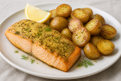 Gegartes Lachsforellenfilet mit Senf-Dill-Kruste, Ofenkartoffeln und Zitrone