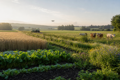 Landwirtschaft mit Ackerbau, Weidetieren und Blühstreifen