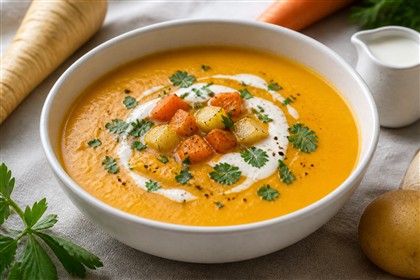 Cremige Möhren-Pastinaken-Suppe mit Kartoffeln, Sahne und frischem Liebstöckel