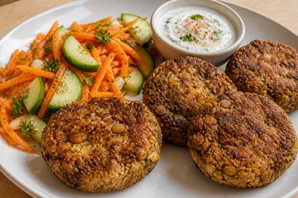 Gebratene Bratlinge aus Linsen und weißen Bohnen mit Gurken-Möhren-Salat
