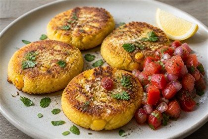 Goldbraune Polenta-Taler mit Süßmais und frischer Tomaten-Paprika-Salsa