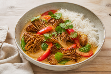Cremiges Maitake-Kokos-Curry mit Paprika, Zuckerschoten und Basmatireis