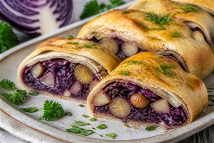 Herzhafter Strudel mit Rotkohl, gegarten Maronen und Apfelstücken