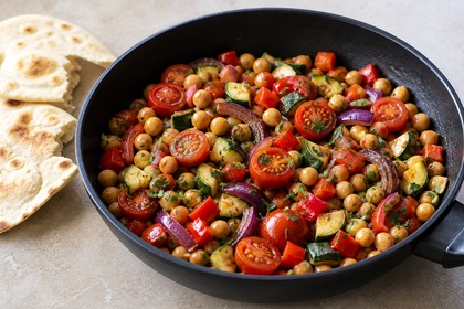 Mediterrane Gemüsepfanne mit Kichererbsen, Paprika, Zucchini und Tomaten