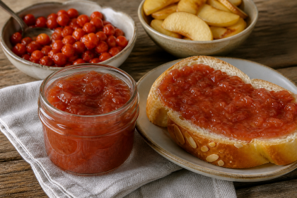 Gekochte Mehlbeeren-Apfel-Konfitüre in kleinen Gläsern
