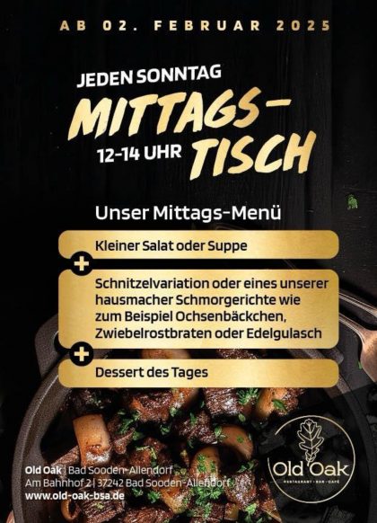 NEU: Jeden Sonntag Mittags-Menü im Old Oak Restaurant Bad Sooden-Allendorf