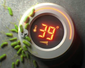 Nahaufnahme eines digitalen Thermostats, das 39 Grad Celsius anzeigt, umgeben von zahlreichen kleinen, grünen Bakterien oder Mikroorganismen auf einem grauen Untergrund.