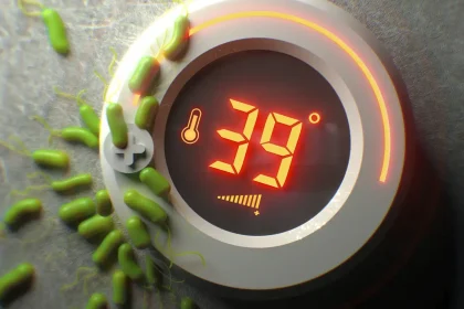 Nahaufnahme eines digitalen Thermostats, das 39 Grad Celsius anzeigt, umgeben von zahlreichen kleinen, grünen Bakterien oder Mikroorganismen auf einem grauen Untergrund.