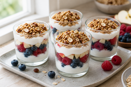 Naturjoghurt mit Beeren, Apfel und geröstetem Hafer-Haselnuss-Crunch