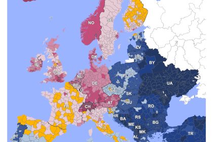 NIQ Kaufkraft Europa2026: Kaufkraft je Einwohner in zweistelligen Postleitzahlgebieten mit vollständiger Farbskala und Legende.