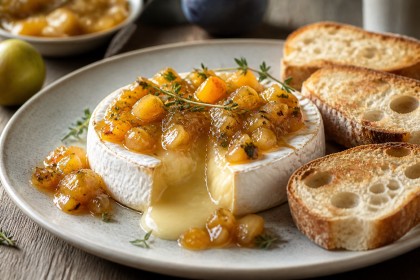 Gebackener Camembert mit Mirabellen-Renekloden-Chutney und Brot