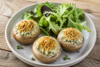 Gebackene Kultur-Champignons mit cremiger Kräuterfüllung und Salat
