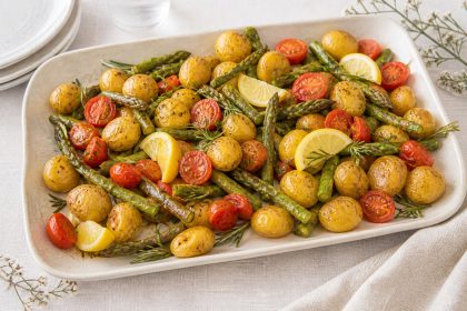 Ofen-Frühkartoffeln mit grünem Spargel, Tomaten und Rosmarin