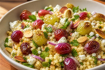 Couscous-Salat mit gerösteten kernlosen Trauben, Feta, Mandeln und Petersilie