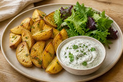 Goldbraune Ofenkartoffeln mit cremigem Skyr-Kräuter-Dip und Blattsalat