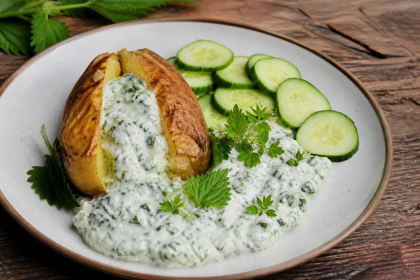 Gebackene Kartoffeln mit cremigem Wildkräuterquark und Gurke