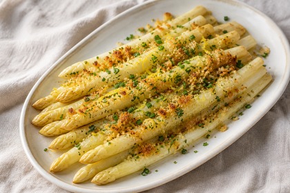 Gerösteter weißer Spargel mit goldbraunen Zitronen-Kräuterbröseln