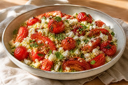 Ofengeröstete Tomaten mit Kräuter-Couscous, Feta und Sonnenblumenkernen