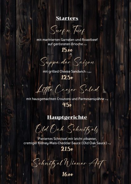 Neue Speisekarte im Old Oak Restaurant und Bar Bad Sooden-Allendorf 