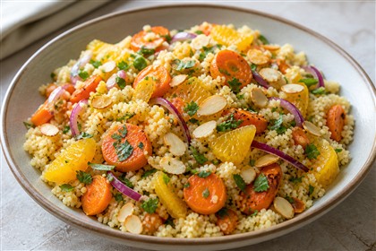 Couscous-Salat mit gerösteten Möhren, Orangen, Mandeln und kaltem Mandelöl-Dressing