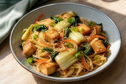 Reisnudelpfanne mit Pak Choi, gebratenem Tofu, Möhren und Sesam
