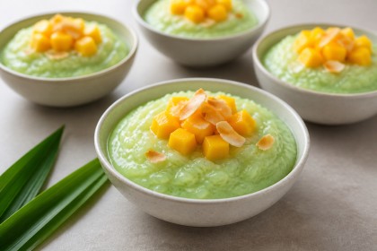 Grüner Pandan-Kokos-Milchreis mit Mango und Kokoschips