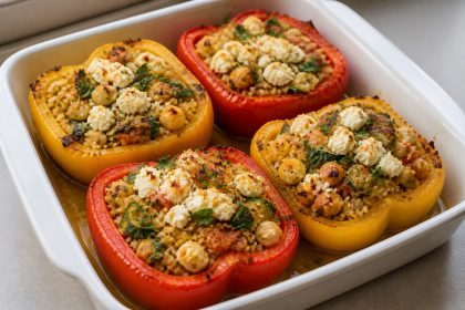 Überbackene Paprika mit Bulgur, Kichererbsen, Gemüse und Feta