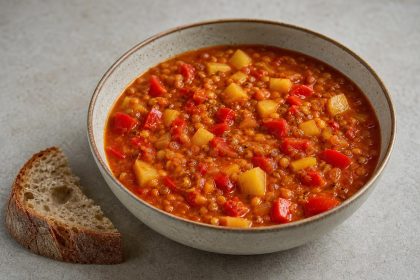 Rötlicher Paprika-Linsen-Eintopf mit Kartoffeln und Gemüsepaprika in einer tiefen Schale