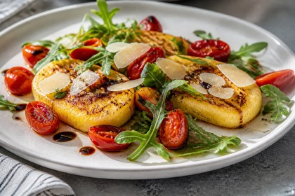 Goldbraune Parmesan-Polenta-Schnitten mit Ofentomaten und Rucola