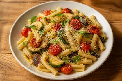 Pasta mit Ofentomaten, Zucchini, roten Zwiebeln, Parmesan und frischem Basilikum in einer Schale