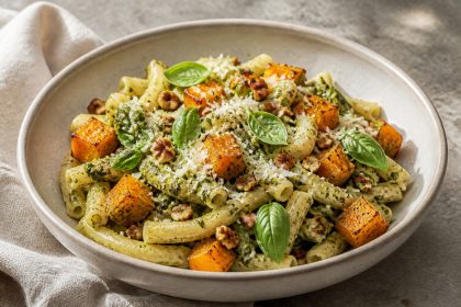 Pasta mit Basilikum-Pekannuss-Pesto, geröstetem Kürbis und Parmesan