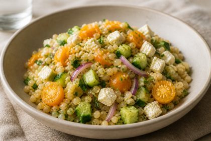 Perlcouscous-Salat mit Physalis, Gurke, Feta und frischen Kräutern