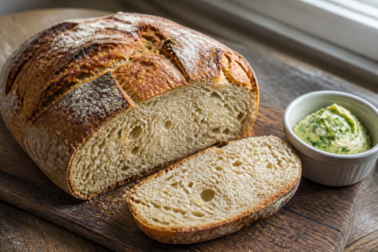 Aufgeschnittenes Pils-Bierbrot mit knuspriger Kruste und Kräuterbutter