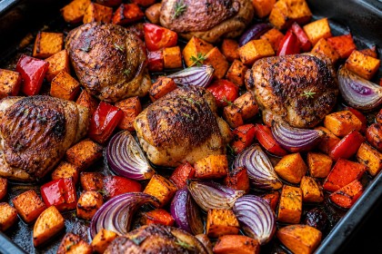 Ofen-Hähnchen mit Piment, Süßkartoffeln und Paprika