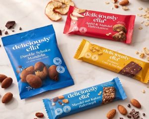 Vier Snackprodukte von Deliciously Ella: Haferriegel, Haferkissen, Frucht-Nuss-Riegel und Schokomandeln