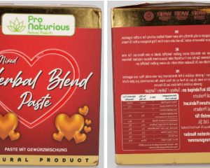 Vorder- und Rückseite der roten Faltschachtel Pro Naturious Mixed Herbal Blend Paste, 240 Gramm