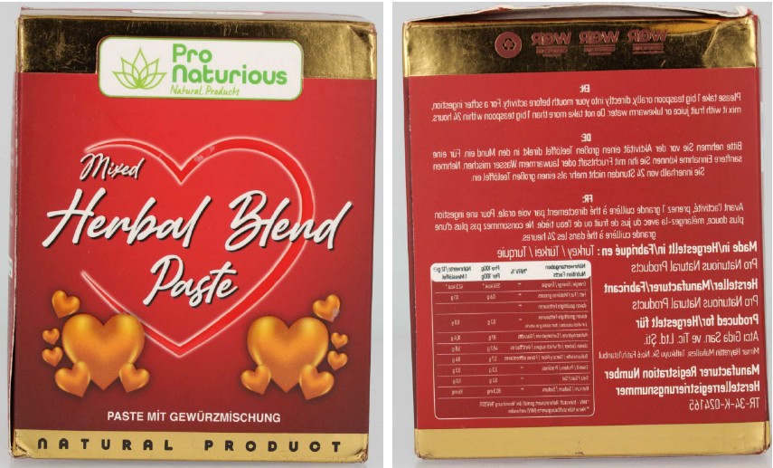 Vorder- und Rückseite der roten Faltschachtel Pro Naturious Mixed Herbal Blend Paste, 240 Gramm