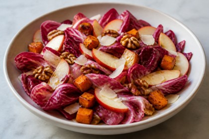 Radicchio-Salat mit Süßkartoffel, Apfel, Pecorino und Walnüssen