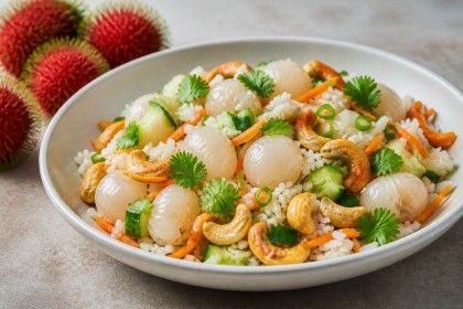 Reissalat mit Rambutan, Gurke, Möhren und Cashewkernen